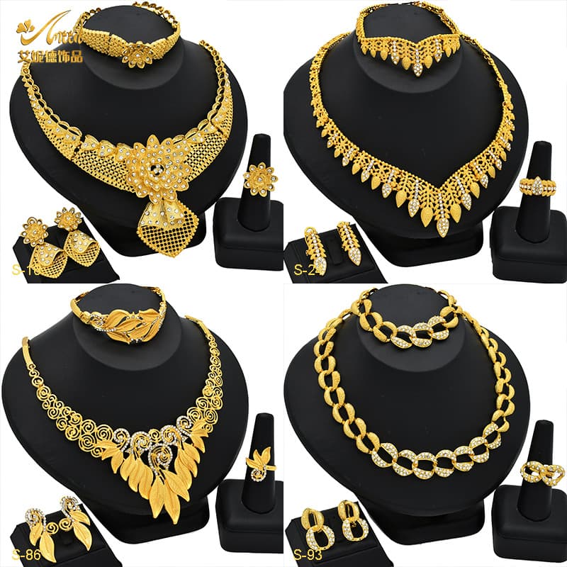 Dubai bridal 24k gold plated necklace bracelet earrings ring jewelry suit African women's jewelry four-piece set