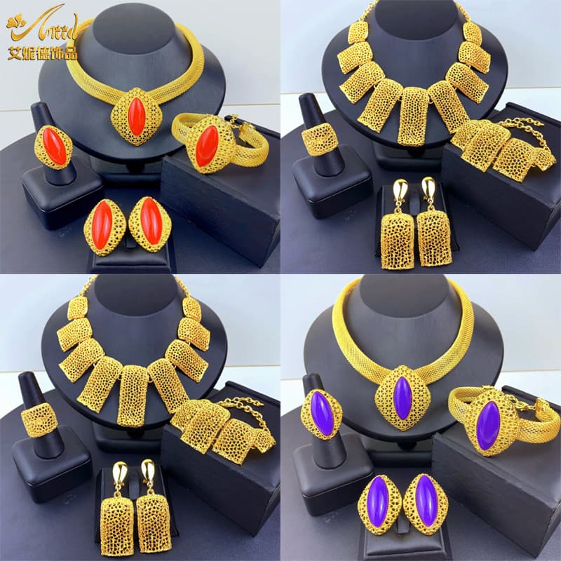 Cross-border hot sale 24K Gold jewelry earrings 2023 jewelry suit Middle East Dubai bridal necklace earrings hand