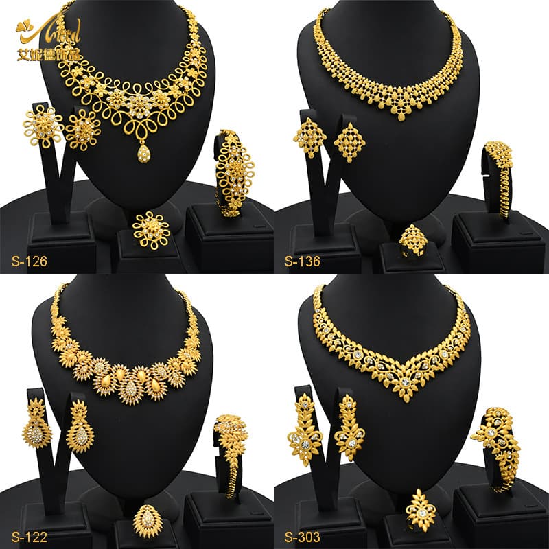 European and American fashion flower full diamond jewelry four-piece necklace earrings bracelet ring 24k gold Middle East Dubai jewelry