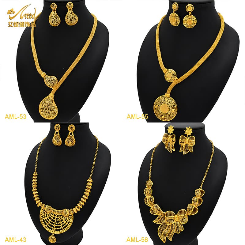 African 24k gold plated jewelry Dubai Women's wedding banquet flower necklace earrings suit accessories cross-border wholesale