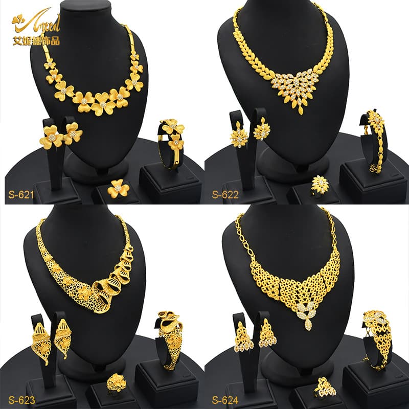 Middle East Black light luxury gold plated four pieces jewelry suit necklace bracelet ring earrings high-end jewelry wholesale